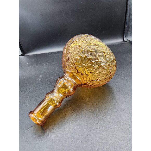 Vintage Clear Amber Squat Decanter Raised Daisy Flower Floral Design MCM - Picture 7 of 8